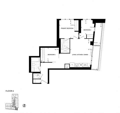 Floor plan for 3 beds, 2 baths, 805 sqft